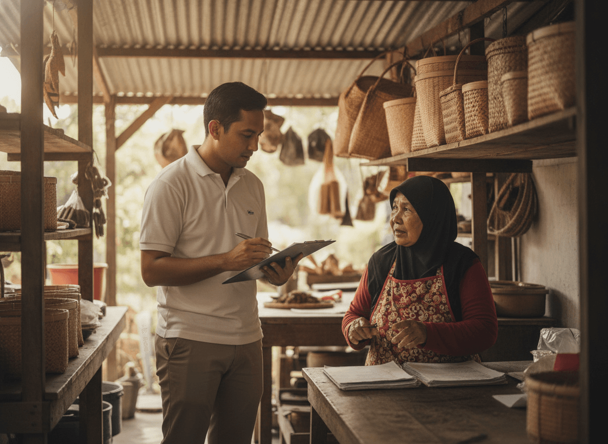 A verification officer reviewing a small Malaysian business on-site