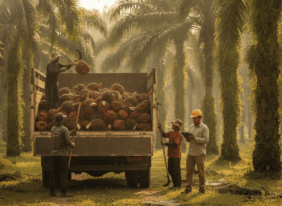 Sabah palm oil estate — Less overripe fruit, ~RM40k/month yield saved