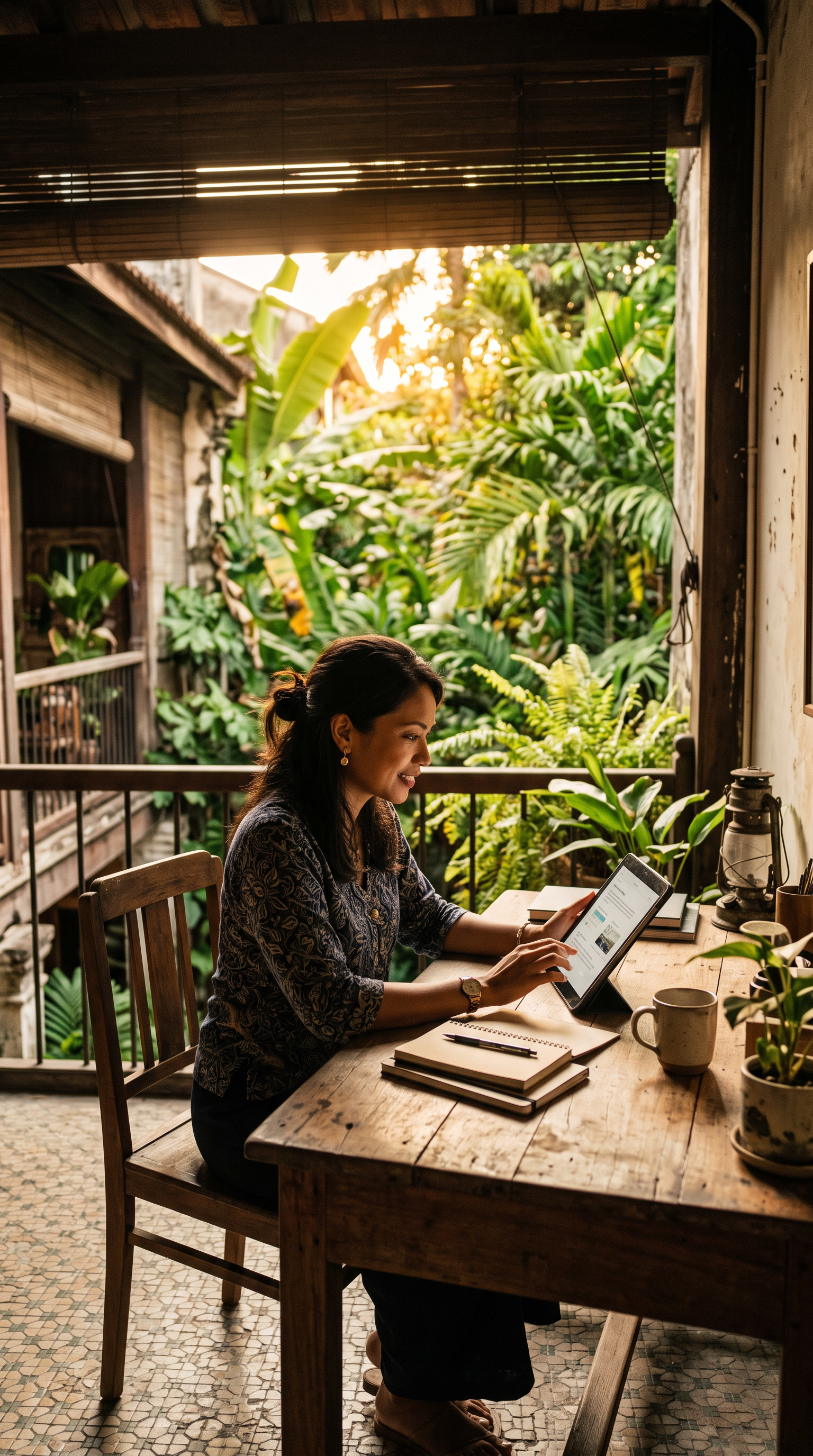 A Malaysian F&B owner in a busy kopitiam holding a tablet with a WhatsApp Business chat interface