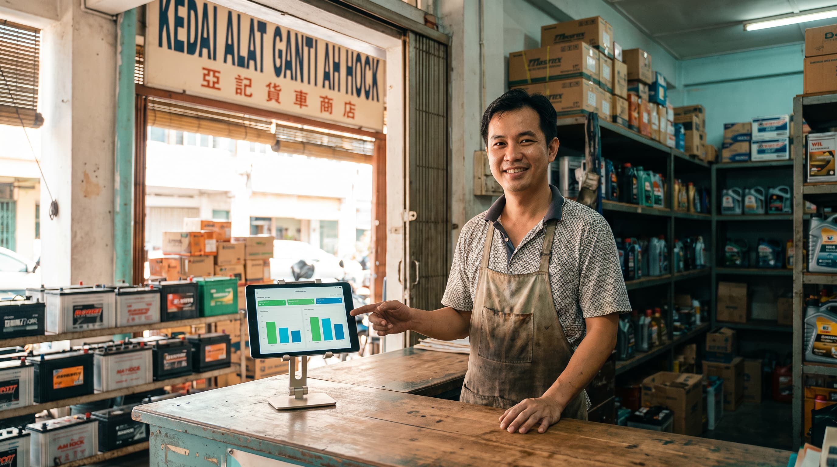 A Malaysian SME owner at a counter with a tablet dashboard — real working business