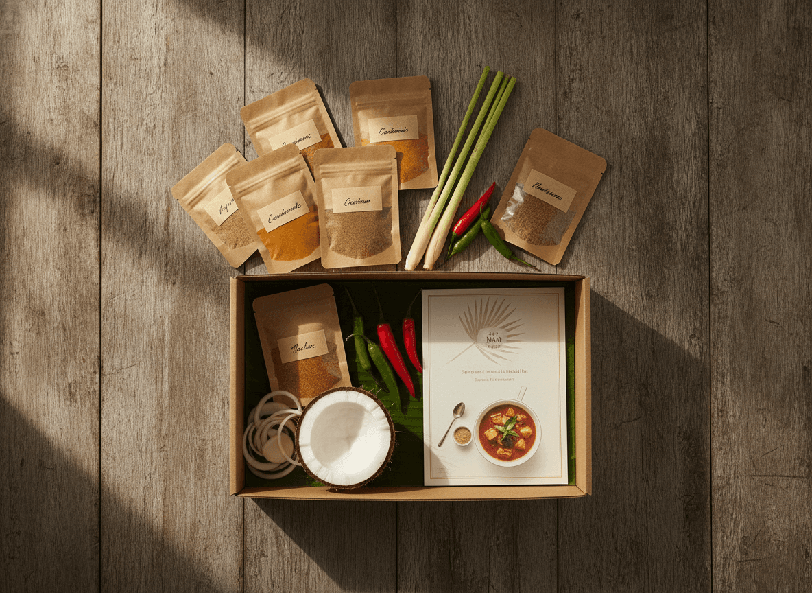 Every kit: pre-portioned spices, fresh herbs and a recipe card